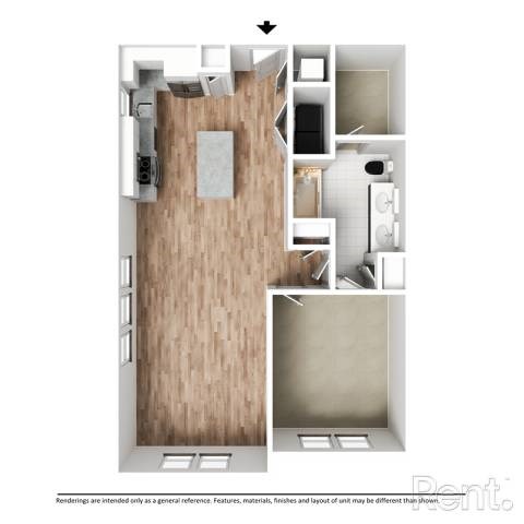 Floor plan for 1 bed, 1 bath, 908 sqft
